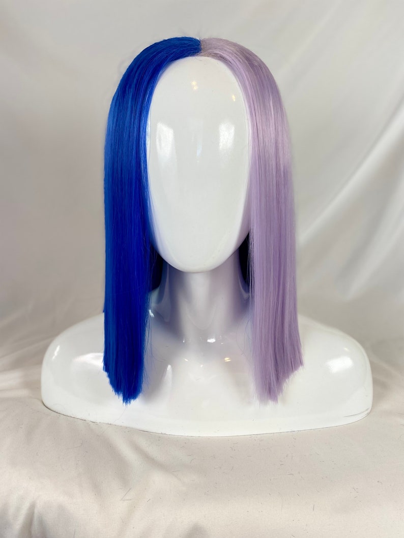 May include: A blue and lavender wig with straight, shoulder-length hair. The wig is split down the middle, with one side blue and the other side lavender.