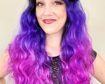 Purple Ombré Wig, Long Curly Synthetic Wig with Bangs