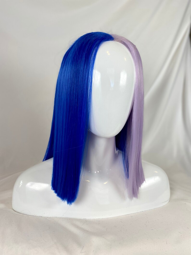 May include: A blue and lavender wig with straight, shoulder-length hair. The wig is split down the middle, with one side blue and the other side lavender.