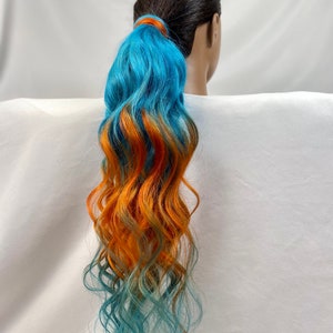 Clip in PONYTAIL EXTENSION 22” blue and orange Human hair pony tail extension ZAZOO faux ponytail hair extensions