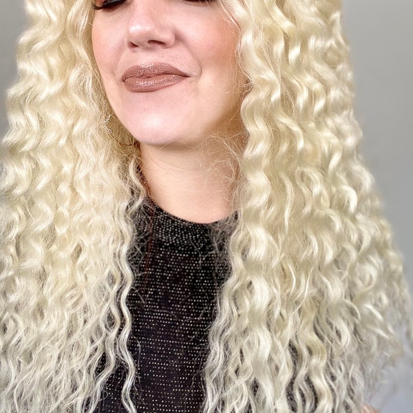 Long blonde curly wig ELLE synthetic wig lace closure hand tied hair available