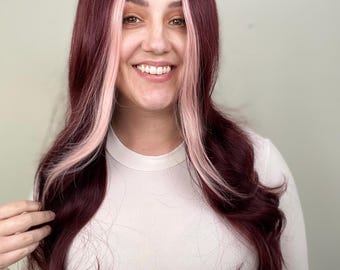 Dark red with pink money piece soft synthetic wig