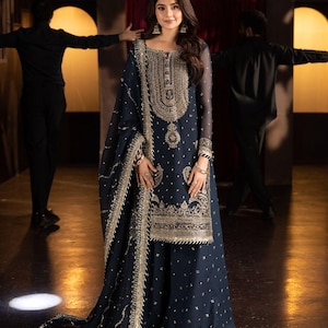 Designer Navy Blue Heavy Embroidery Sequence Work Top-Sharara And Dupatta Set Fully Stitched Ready To Wear Collection