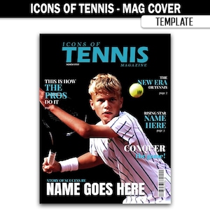 Puede incluir: Portada de revista "ICONS OF TENNIS" con un joven tenista con una camisa a rayas golpeando una pelota de tenis amarilla. El texto incluye "THE NEW ERA OR TENNIS" y "NAME GOES HERE". El fondo es negro.