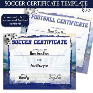 Puede incluir: Una plantilla de certificado de fútbol azul y blanco con un gráfico de balón de fútbol. El certificado se titula "Certificado de fútbol" y tiene espacios para el nombre del destinatario, la descripción del premio, la fecha y la firma.