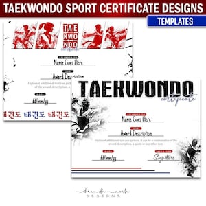 Puede incluir: Dos diseños de certificados de Taekwondo imprimibles. El primer diseño presenta un esquema de color rojo y blanco con una silueta de dos personas practicando Taekwondo. El segundo diseño presenta un esquema de color negro y blanco con una silueta de una persona practicando Taekwondo. Ambos diseños incluyen el texto "Certificado de Taekwondo".