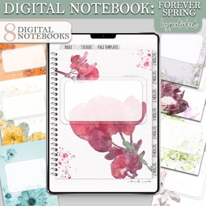 Puede incluir: Un cuaderno digital con 8 secciones, cada una con un diseño floral de acuarela. El cuaderno tiene una encuadernación en espiral e incluye índice, pegatinas y plantillas de página. El texto "FOREVER SPRING hyperlinked" está en la parte superior de la imagen.