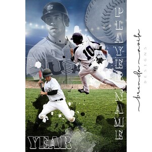 May include: Baseball-themed digital art featuring three baseball players in action. The design includes a baseball, the word "PLAYER NAME" and "YEAR" in bold text, and a signature. The background is a green field with stadium lights.