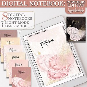 Könnte beinhalten: Ein digitales Notizbuch mit 8 Notizbüchern, 7 im hellen Modus und 1 im dunklen Modus. Die Notizbücher haben ein rosafarbenes und goldenes Marmormuster mit dem Text "Notebook" auf dem Cover. Die Notizbücher sind hyperverlinkt und haben Abschnitte für Index, Sticker und Seiten.