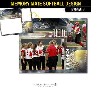 Puede incluir: Un collage de fotos de un equipo de softbol con fondo negro. El collage presenta una foto de equipo, una jugadora bateando y una pelota de softbol con el texto "Year" y "Softball!" en ella. El texto "Memory Mate Softball Design Template" está en la parte superior del collage.