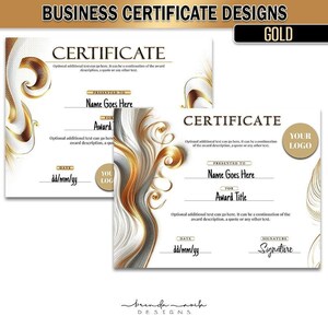 Puede incluir: Dos plantillas de certificados doradas y blancas con remolinos decorativos. El texto "CERTIFICATE" está en la parte superior de cada plantilla. El texto "PRESENTED TO" y "FOR" está en cada plantilla. El texto "YOUR LOGO" está en la plantilla de la derecha.