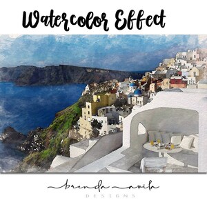 Puede incluir: Una pintura de acuarela de un edificio blanco con cúpulas azules que domina un océano azul. El edificio está en un acantilado con vegetación verde. La pintura tiene una sensación suave y de ensueño.