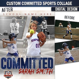 Peut inclure: Un collage de photos célébrant l'engagement d'une joueuse de softball à l'université. Le collage présente la joueuse dans différentes poses, notamment en train de lancer une balle, de frapper et de porter un uniforme. Le texte "COMMITTED SARAH SMITH" est affiché en gros caractères gras. Le logo de l'université est également inclus.