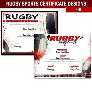 Puede incluir: Dos plantillas de certificados de rugby imprimibles con un diseño de balón de rugby rojo y blanco. El texto del certificado dice "Certificado de rugby" e incluye espacio para el nombre del destinatario, la descripción del premio, la fecha y la firma.