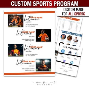 Pode incluir: Um modelo de programa desportivo personalizável com um esquema de cores preto e branco. O modelo inclui espaço para fotos de equipa, nomes dos jogadores, posições e uma lista de jogadores. O modelo também inclui espaço para patrocinadores e treinadores.