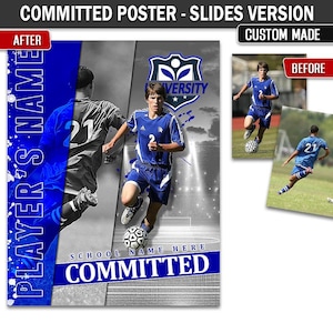 Könnte beinhalten: Ein Fußballspieler in einem blauen Trikot mit der Nummer 2 läuft mit dem Ball. Der Hintergrund ist ein Schwarzweißbild eines Stadions. Der Text "COMMITTED" steht in blauen und weißen Buchstaben am unteren Rand des Bildes. Der Text "SCHOOL NAME HERE" steht in weißen Buchstaben über dem Wort "COMMITTED".