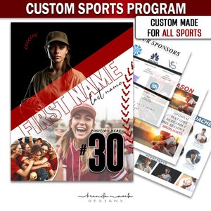 Pode incluir: Um modelo de programa desportivo vermelho e preto com tema de beisebol. O modelo apresenta um grande número 30, uma foto de um jogador de beisebol e espaço para o nome do jogador. O modelo também inclui espaço para patrocinadores, destaques e uma mensagem do treinador.