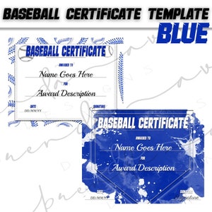 Puede incluir: Dos plantillas de certificado de béisbol imprimibles en azul. La primera plantilla tiene un fondo blanco con costuras de béisbol azules y un gráfico de béisbol. La segunda plantilla tiene un fondo azul con salpicaduras de pintura blanca y un gráfico de home plate. Ambas plantillas tienen el texto "Certificado de béisbol" y espacios para el nombre del destinatario, la descripción del premio, la fecha y la firma.
