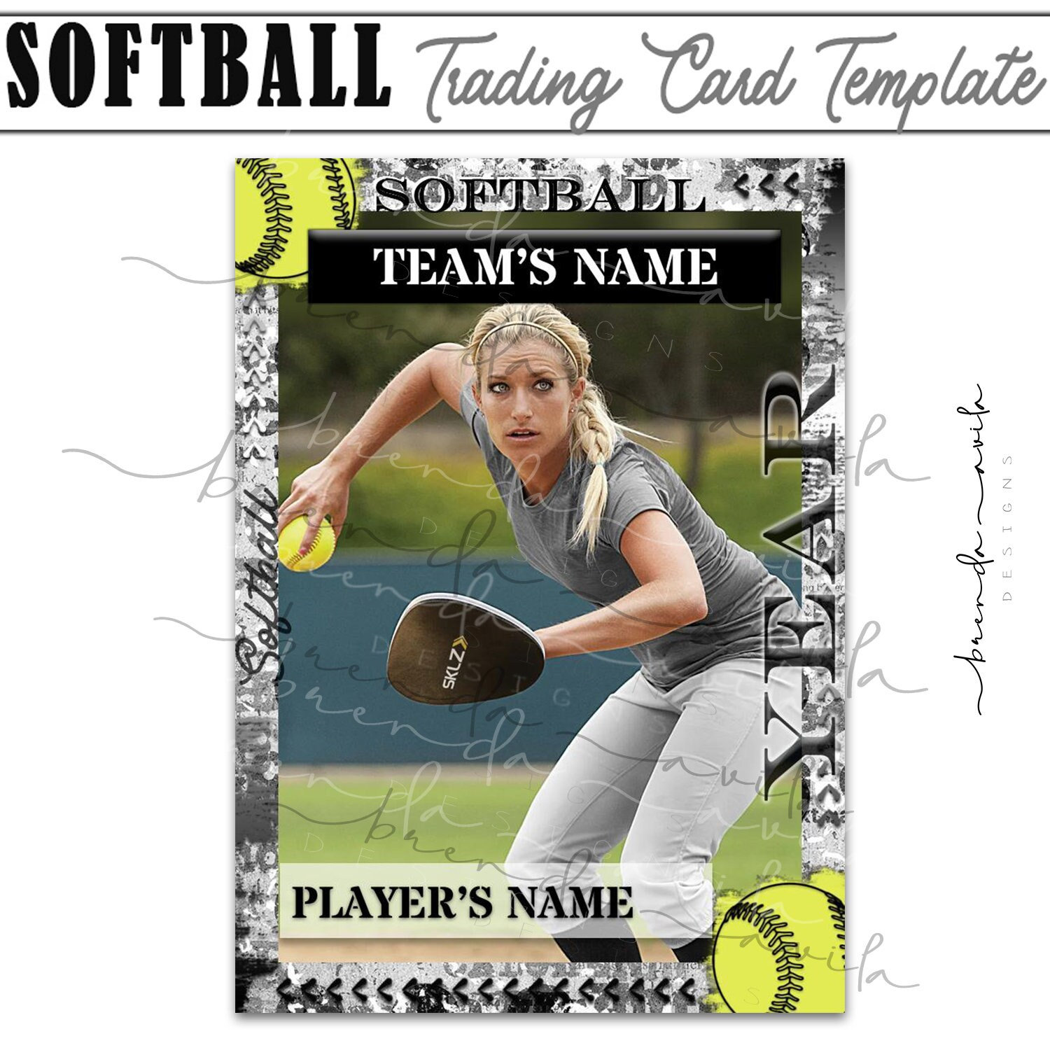 Black & White Softball Trading Card Template Google Slides Etsy