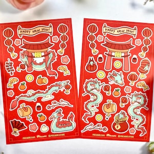 Jolies feuilles d'autocollants Nouvel an lunaire 2024 - Année du dragon - nouvel an chinois / scrapbooking