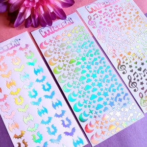 Holographic Deco Stickers Sheet (16 Styles options) | hearts, bats, butterfly, stars, flowers, cloud, scrapbooking | planner -Polco deco