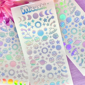 Space Universe Holographic stickers sheet | Sun, moon, planets, shooting stars, UFO | Planner, Polaroid Decoration Polco Deco, scrapbooking
