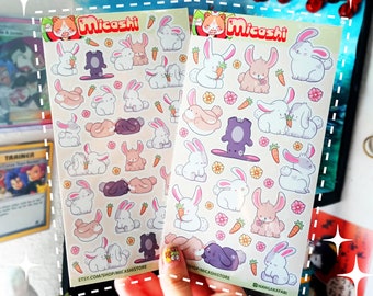 Arkusz naklejek winylowych z uroczymi króliczkami | Błyszczące i holograficzne, wodoodporne | Naklejki do planerów i dzienników Bullet Journal | Artykuły papiernicze | Arkusz naklejek Kawaii