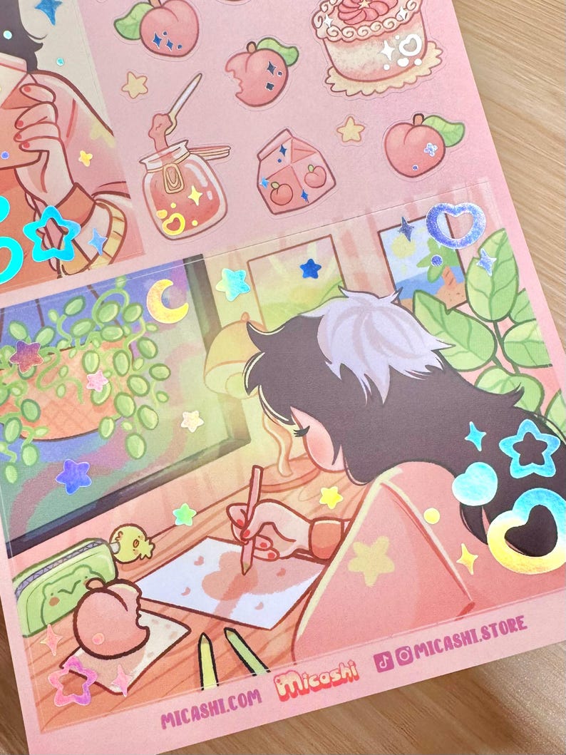 May include: A sheet of stickers with a pink and peach color scheme. The stickers feature illustrations of peaches, desserts, and a person drawing. Holographic star and heart stickers are scattered across the sheet. The text "MICASHI.COM" and "@MICASHI.STORE" are visible.