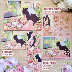 May include: An assortment of art prints, stickers, and a bookmark featuring illustrations of a person with black and white hair, peaches, and a writing scene. The art print is approximately 5.25 x 4 inches. The sticker sheet is 6.5 x 4 inches. The bookmark is 1.96 x 5.90 inches.
