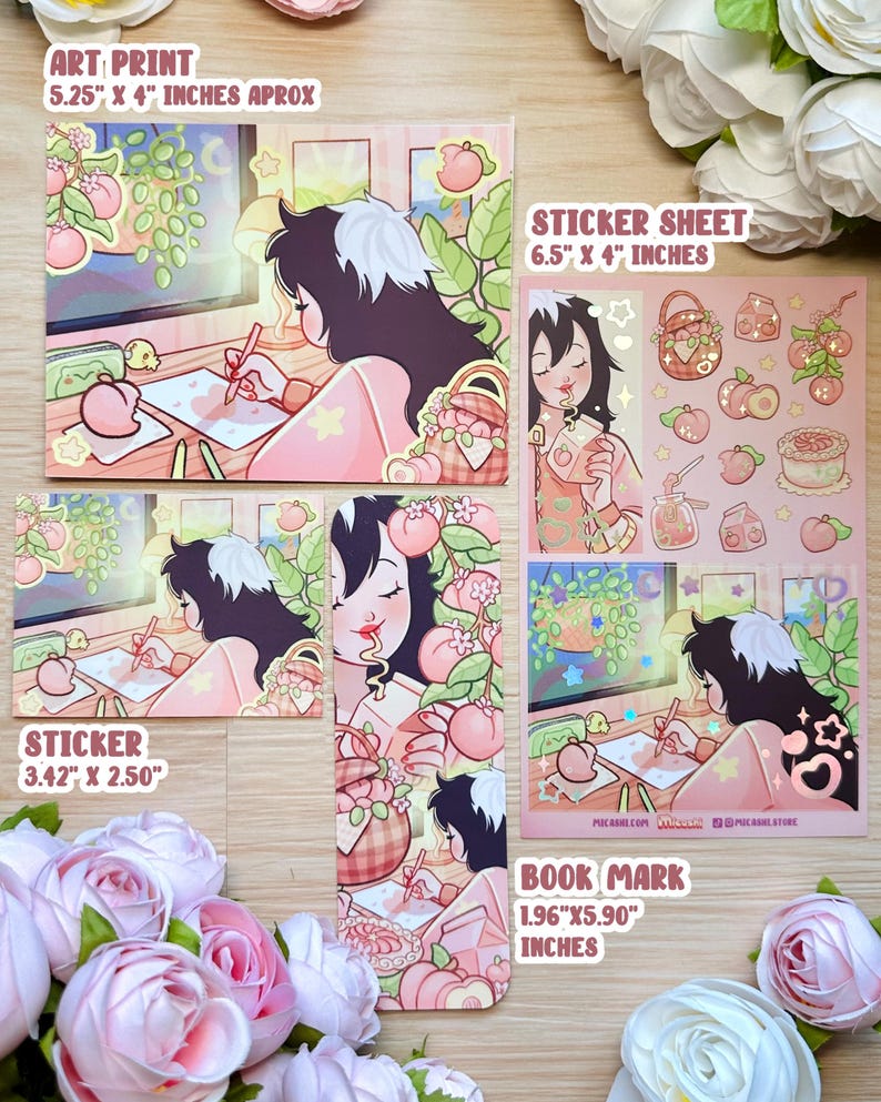 May include: An assortment of art prints, stickers, and a bookmark featuring illustrations of a person with black and white hair, peaches, and a writing scene. The art print is approximately 5.25 x 4 inches. The sticker sheet is 6.5 x 4 inches. The bookmark is 1.96 x 5.90 inches.
