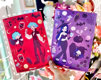 Arkusze naklejek Kawaii Halloween: Straszny wampir i czarownica, wodoodporne naklejki holograficzne