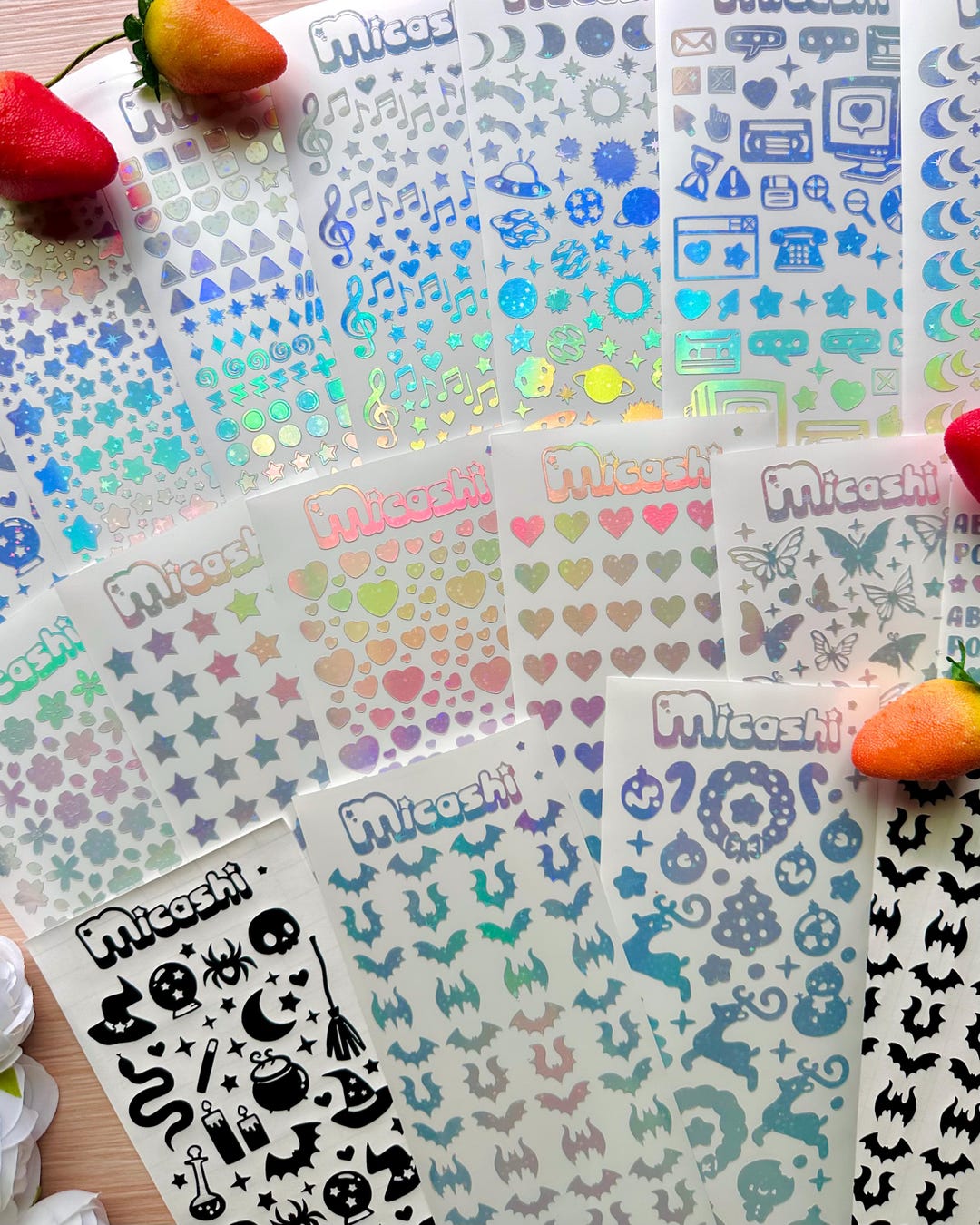 Holographic Deco Stickers Sheet (16 Styles options) | hearts, bats, butterfly, stars, flow
