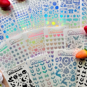 Folha de adesivos decorativos holográficos (16 opções de estilos) | corações, morcegos, borboletas, estrelas, flores, nuvens, scrapbooking | planejador - Polco deco
