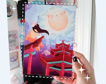 Japanisches Mädchen schaut auf den Katzenmond ArtPrint - Wand Kunst