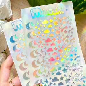Holographic Deco Stickers Sheet | Moon, stars, clouds, shooting stars and sparkles stickers | planner, Polaroid Decoration -scrapbooking