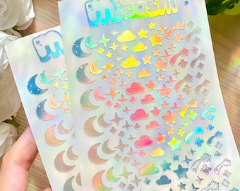 Holographic Deco Stickers Sheet | Moon, stars, clouds, shooting stars and sparkles stickers | planner, Polaroid Decoration -scrapbooking