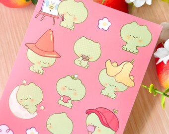 Kawaii Frog Vinyl Sticker Sheet: Waterproof Decals for Planners & Laptops