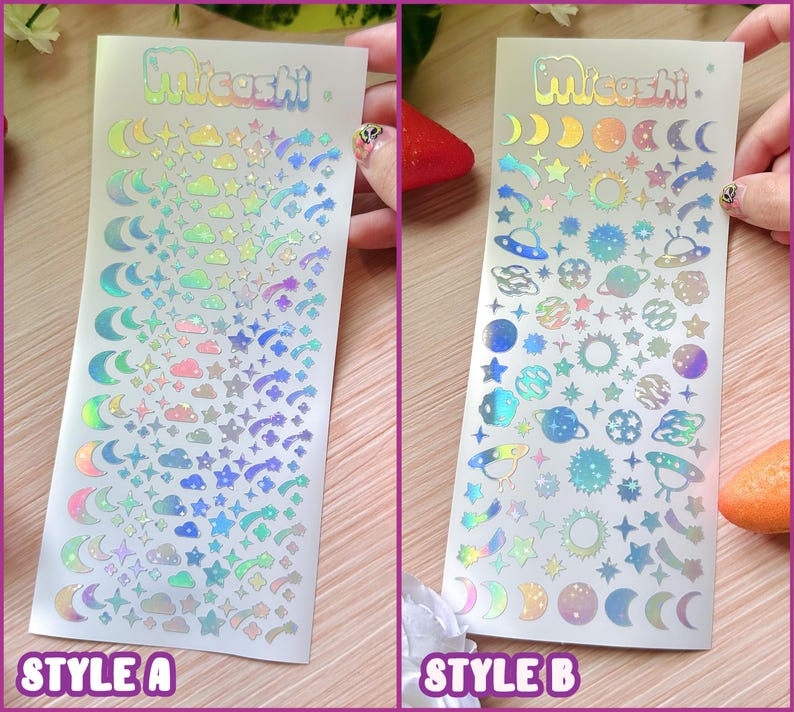 Holographic Deco Stickers Sheet (16 Styles options) | hearts, bats, butterfly, stars, flowers, cloud, scrapbooking | planner -Polco deco image 2