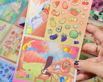 Fruktpicknick - Vinylklistermärkesark med holografiska foliedetaljer, mattlaminerad