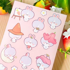 Kawaii Vinyl Sticker Sheet Cute Bunny rabbit Character | Waterproof Stickers for Planners, Journaling, Scrapbooking, laptops, water bottles