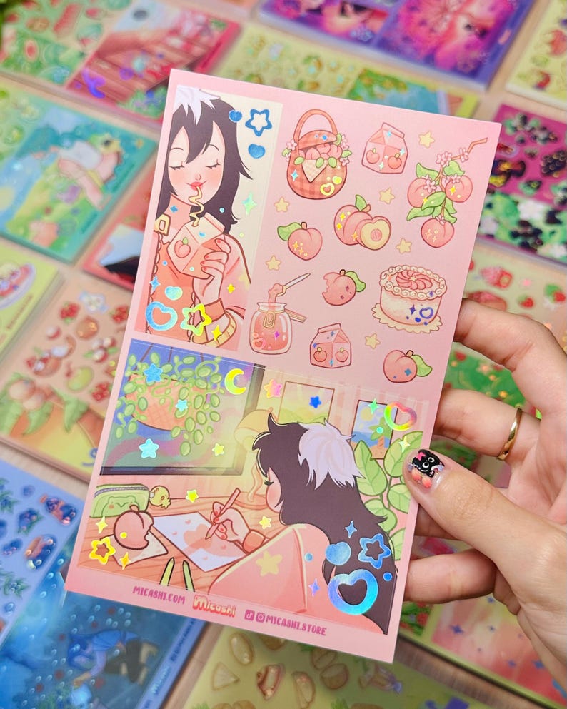 May include: A sheet of stickers with a peach theme. The stickers feature illustrations of peaches, peach desserts, and a person drinking peach juice. The sheet also includes the text "micashi.com" and "@micashistore".