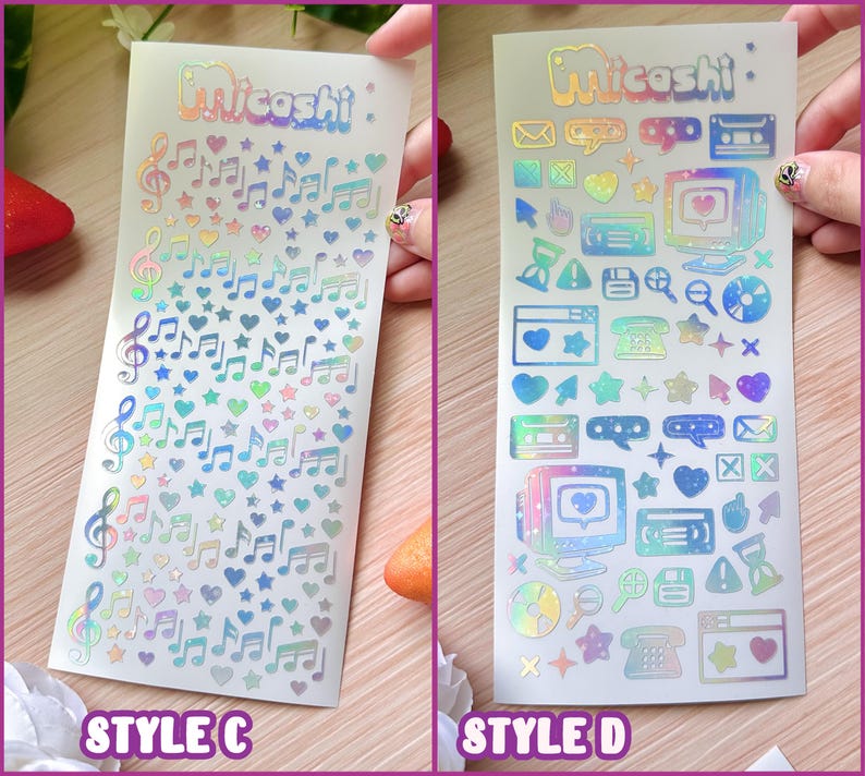 Holographic Deco Stickers Sheet (16 Styles options) | hearts, bats, butterfly, stars, flowers, cloud, scrapbooking | planner -Polco deco image 3