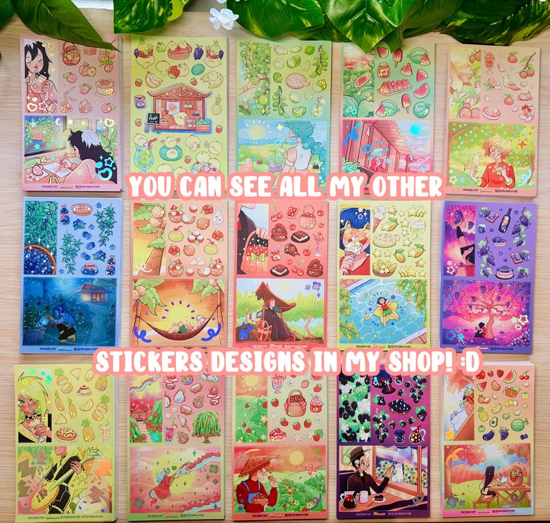 May include: A collection of colorful sticker sheets with various designs, including anime-style illustrations, food, and nature scenes. The text "YOU CAN SEE ALL MY OTHER STICKERS DESIGNS IN MY SHOP! :D" is visible. The stickers are arranged on a wooden surface.