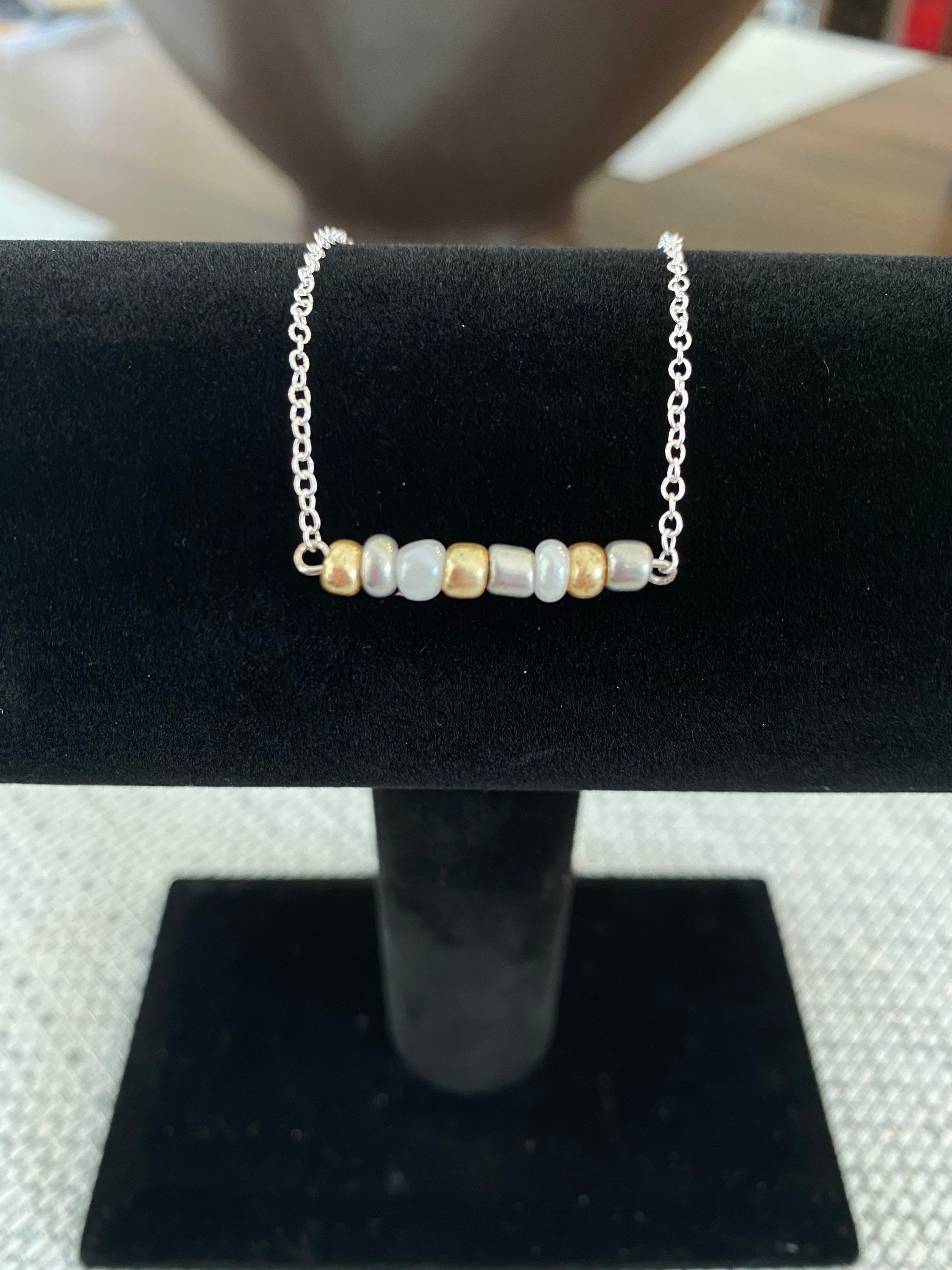 White silver & gold beaded chain necklace Etsy