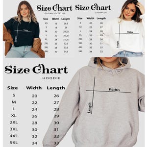 Op de afbeelding: Maattabellen voor Gildan Softstyle, Crewneck en Hoodie kleding. De tabellen tonen maten XS tot 5XL, met afmetingen voor breedte en lengte in centimeters. De tabellen worden weergegeven met een model dat de kleding draagt.