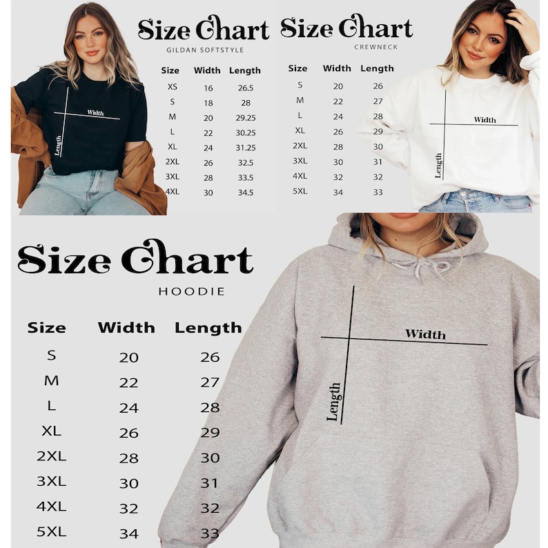 Op de afbeelding: Maattabellen voor Gildan Softstyle, Crewneck en Hoodie kleding. De tabellen tonen maten XS tot 5XL, met afmetingen voor breedte en lengte in centimeters. De tabellen worden weergegeven met een model dat de kleding draagt.