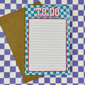 May include: A lined notepad with the words "TO DO" and "AFTER THIS GAME" in red and white. The notepad has a blue and white checkered border and is on top of a brown envelope. The background is a blue and white checkered pattern.