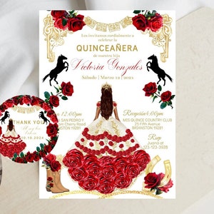 Invitación de Quinceañera Charra Mexicana, Vestido Rojo Blanco Dorado, Plantilla Editable, Invitación de Princesa Mis XV Quince, Descarga de Dulces 16 y 15