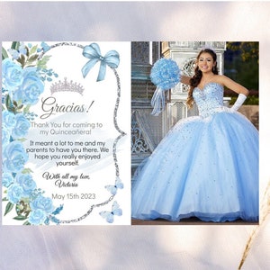 Hellblaues Blumen Bearbeitbares Dankeskarte mit Foto, DIY Vorlage Quinceañoa Schmetterling Tiara Mis XV Quitte Años Sweet Sixteen 16, Download