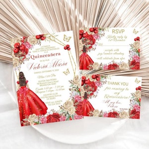 Invitación Quinceañera, Rosa Roja Champán Beige Princesa Mariposa Tarjeta de Cumpleaños 15, Plantilla Editable Digital, Mis XV Quince, Dulce 16